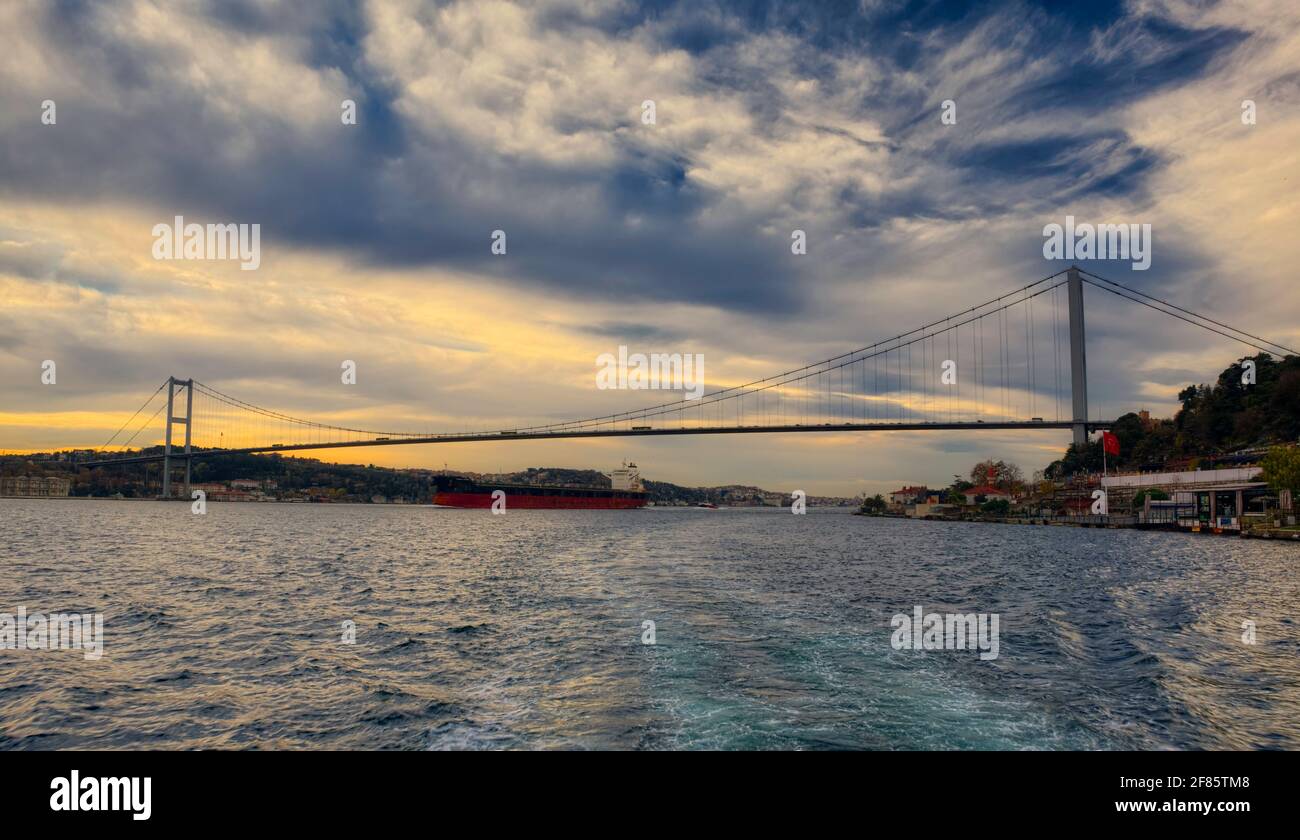 The bridge is located at the entrance from the Black Sea, streching between Garipçe village on the European side and Poyrazköy village on the Asian si Stock Photo