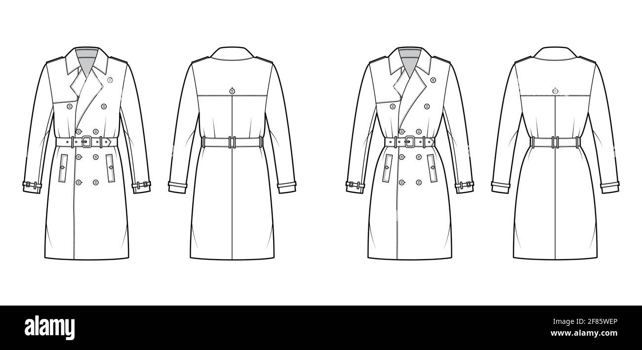 Set of Trench coats technical fashion illustration with belt, double breasted, long sleeves, napoleon wide lapel collar, knee length. Flat jacket template front, back, white color. Women, men, top CAD Stock Vector