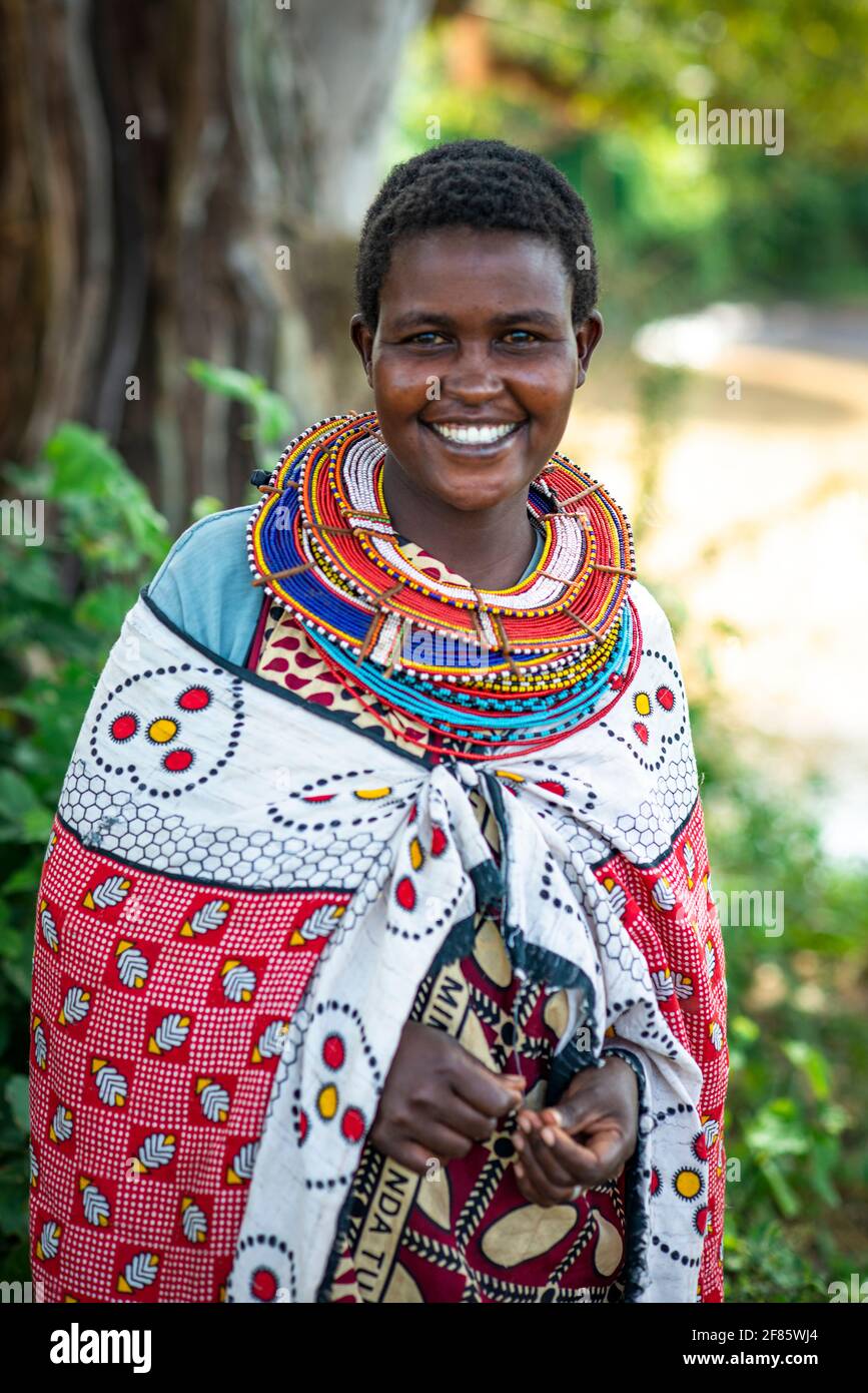 traditional African Maasai woman wearing beaded necklace and