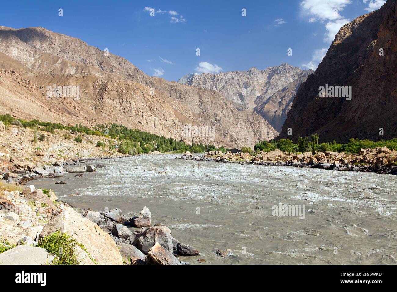 Panj river and Pamir mountains. Panj is upper part of Amu Darya river ...