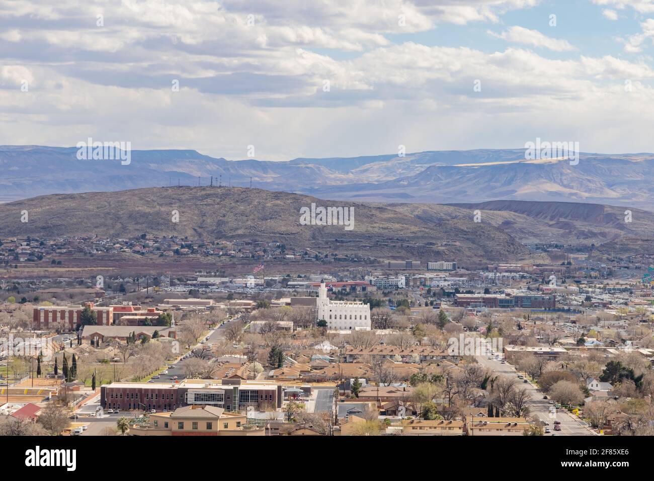 Aerial view of the cityscape of St George with the St. George Utah ...