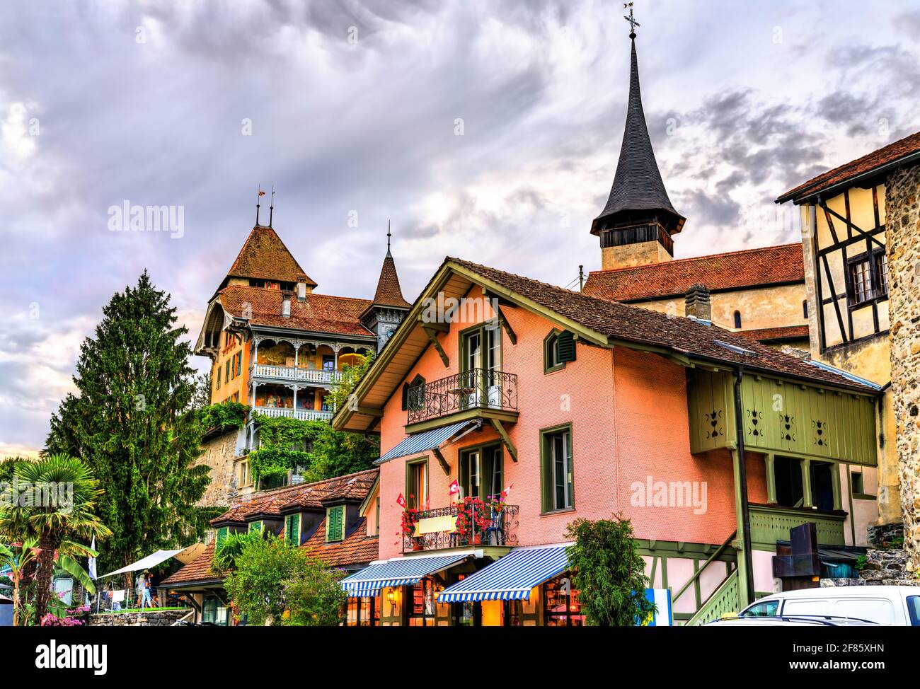 Traditional houses in Spiez, Switzerland Stock Photo Alamy
