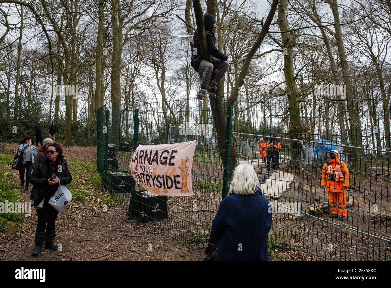 Wendover, UK. 9th April, 2021. Environmental activists document tree felling operations for the HS2 high-speed rail link in Jones Hill Wood, ancient woodland said to have inspired Roald Dahl. Tree felling work began this week, in spite of the presence of resting places and/or breeding sites for pipistrelle, barbastelle, noctule, brown long-eared and natterer's bats, following the issuing of a bat licence to HS2's contractors by Natural England on 30th March. Credit: Mark Kerrison/Alamy Live News Stock Photo