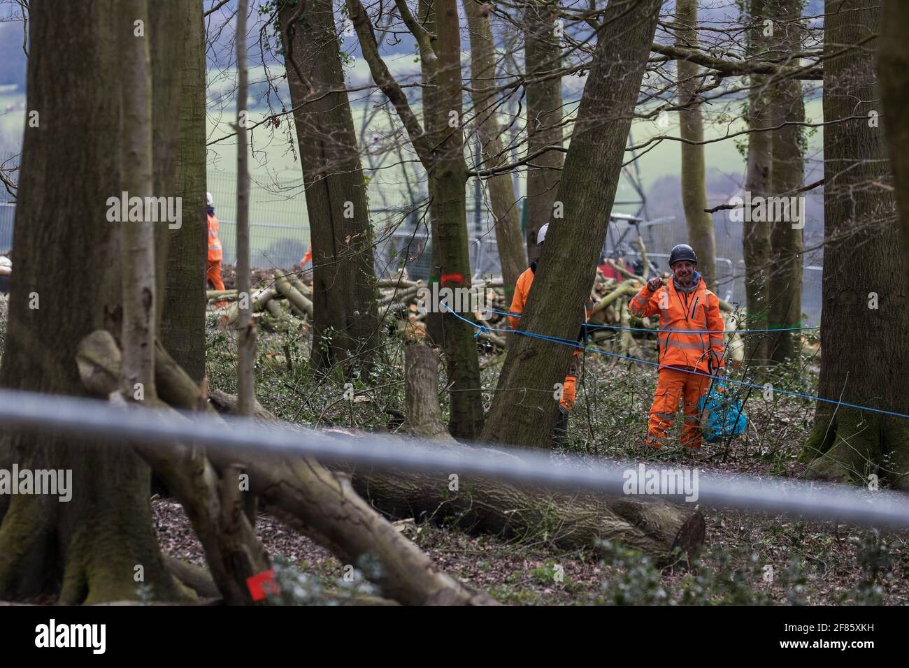 Wendover, UK. 9th April, 2021. HS2 contractors are pictured at Jones Hill Wood, ancient woodland said to have inspired Roald Dahl, during tree felling operations for the HS2 high-speed rail link. Tree felling work began this week, in spite of the presence of resting places and/or breeding sites for pipistrelle, barbastelle, noctule, brown long-eared and natterer's bats, following the issuing of a bat licence to HS2's contractors by Natural England on 30th March. Credit: Mark Kerrison/Alamy Live News Stock Photo