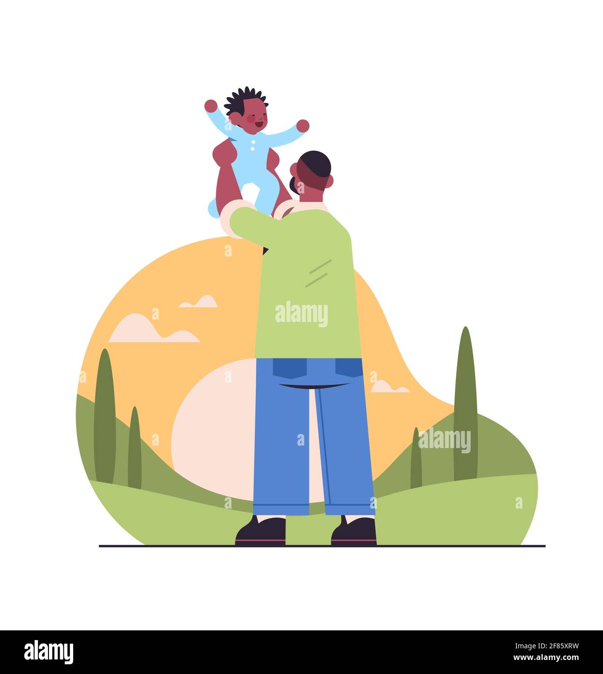 african american father holding little son fatherhood parenting concept dad walking outdoor with his kid Stock Vector