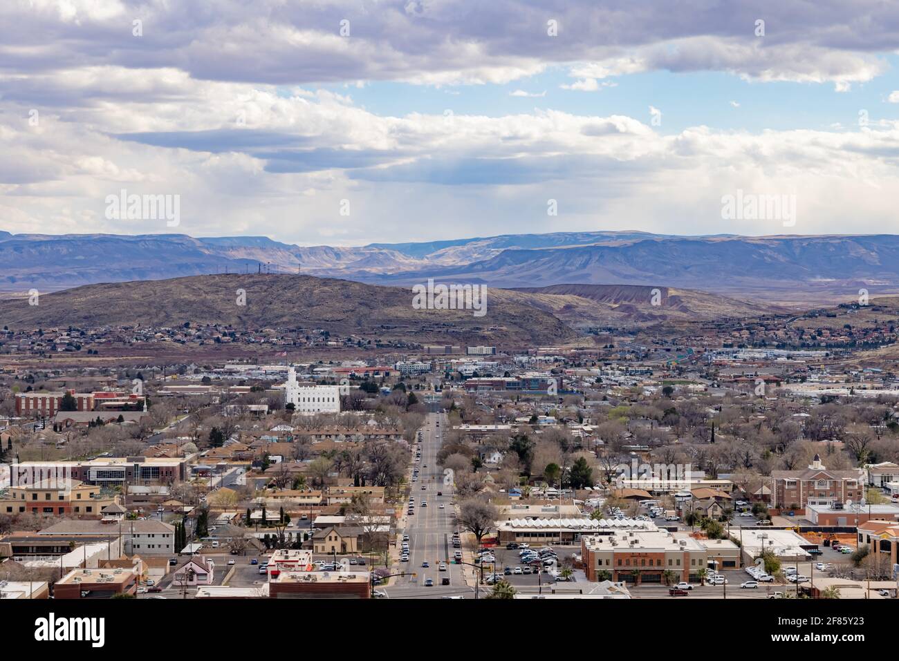 Aerial view of the cityscape of St George with the St. George Utah ...