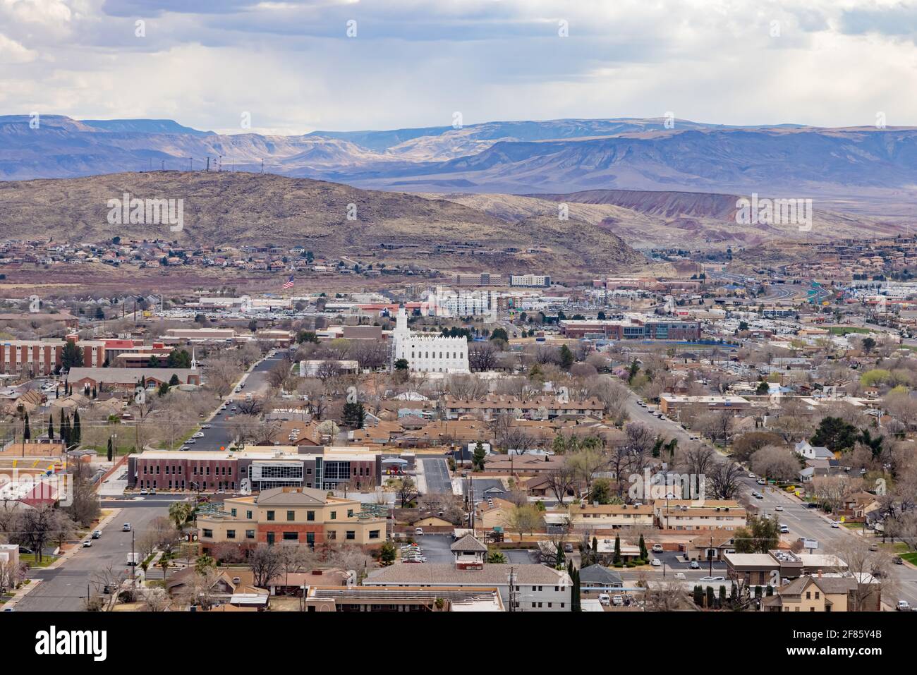 Aerial view of the cityscape of St George with the St. George Utah ...