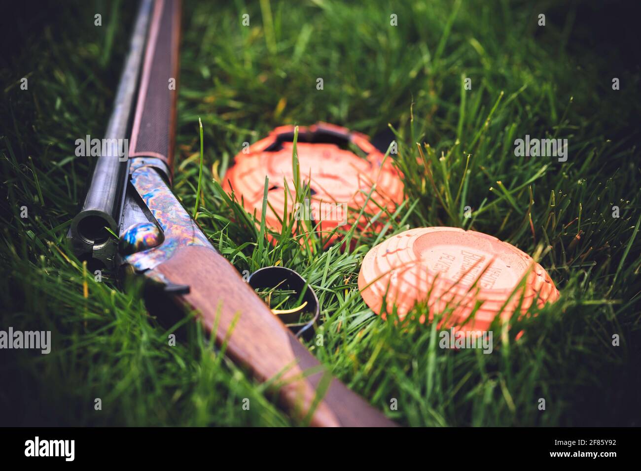 A case hardened Tristar Bristol 28ga side by side shotgun rests in the grass next to a pair of orange clay targets.  One of the clay targets is broken Stock Photo