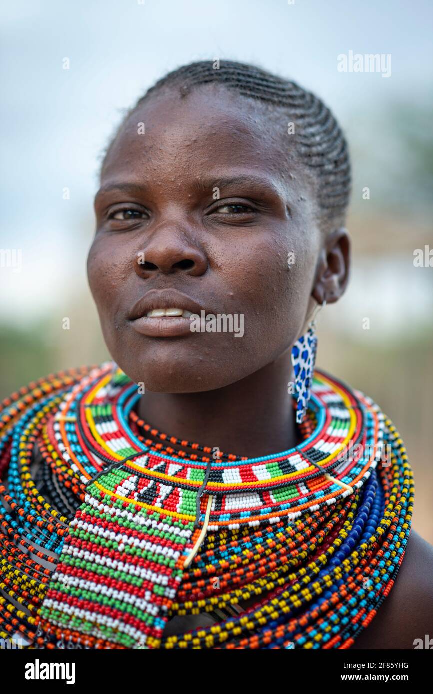 Samburu woman in traditional bead work and clothes Stock Photo