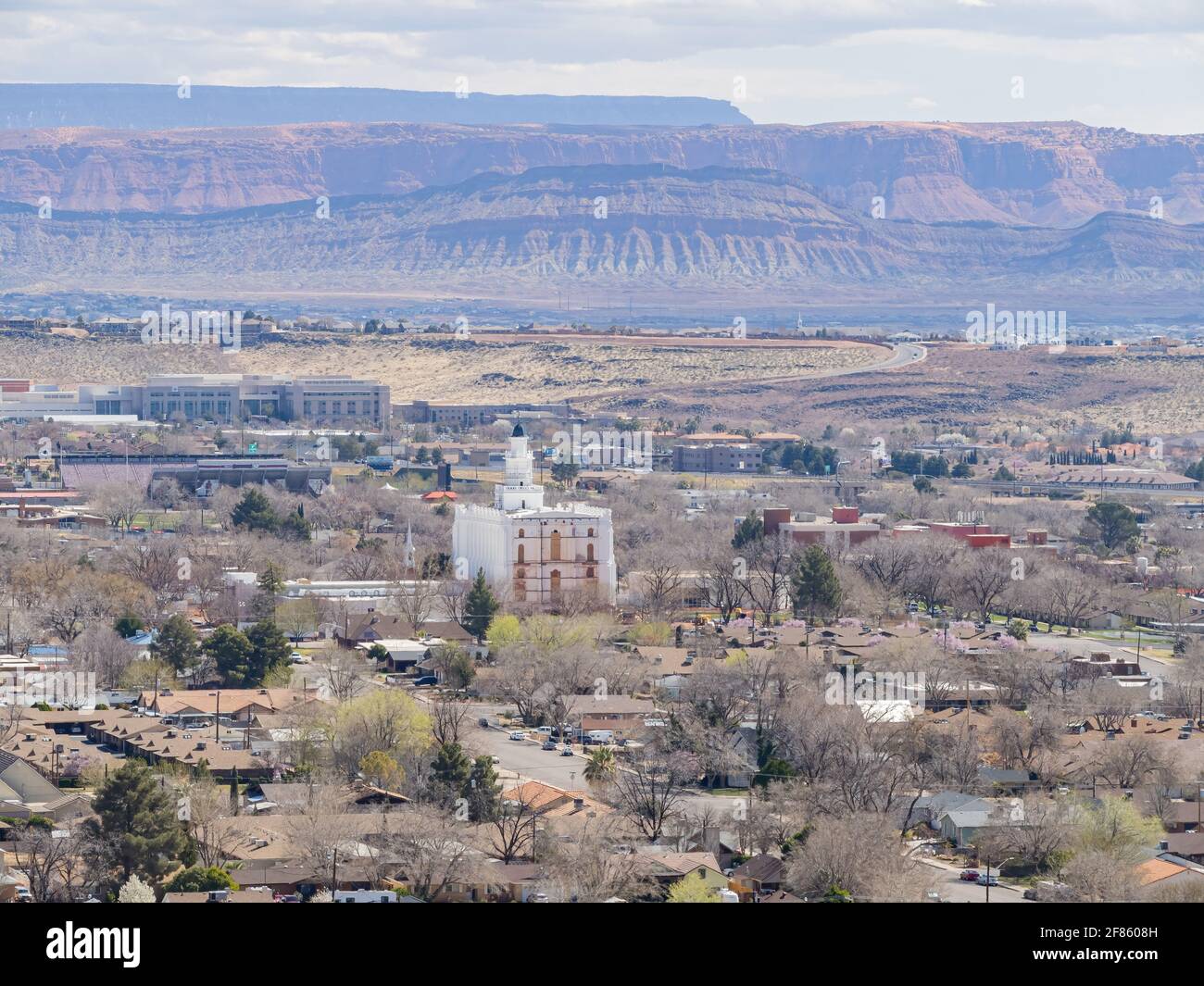 Aerial view of the cityscape of St George with the St. George Utah ...