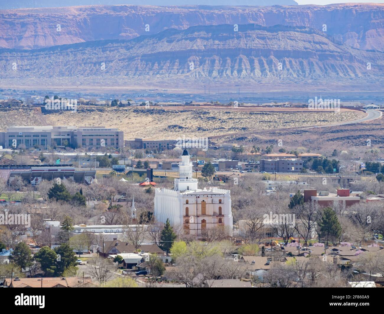 Aerial view of the cityscape of St George with the St. George Utah ...