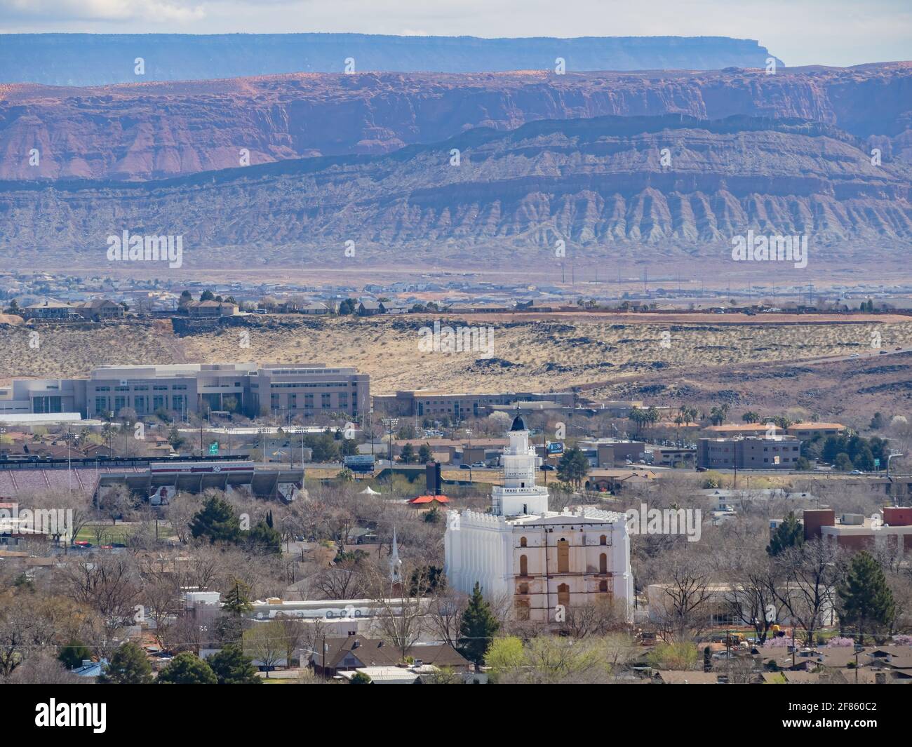 Aerial view of the cityscape of St George with the St. George Utah ...
