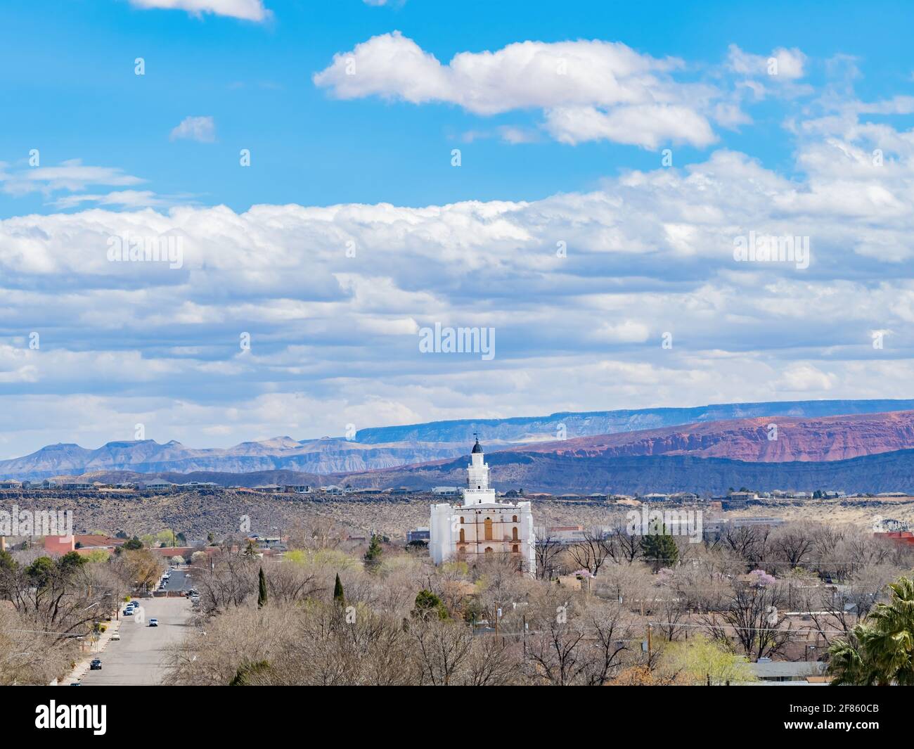 Aerial view of the cityscape of St George with the St. George Utah ...