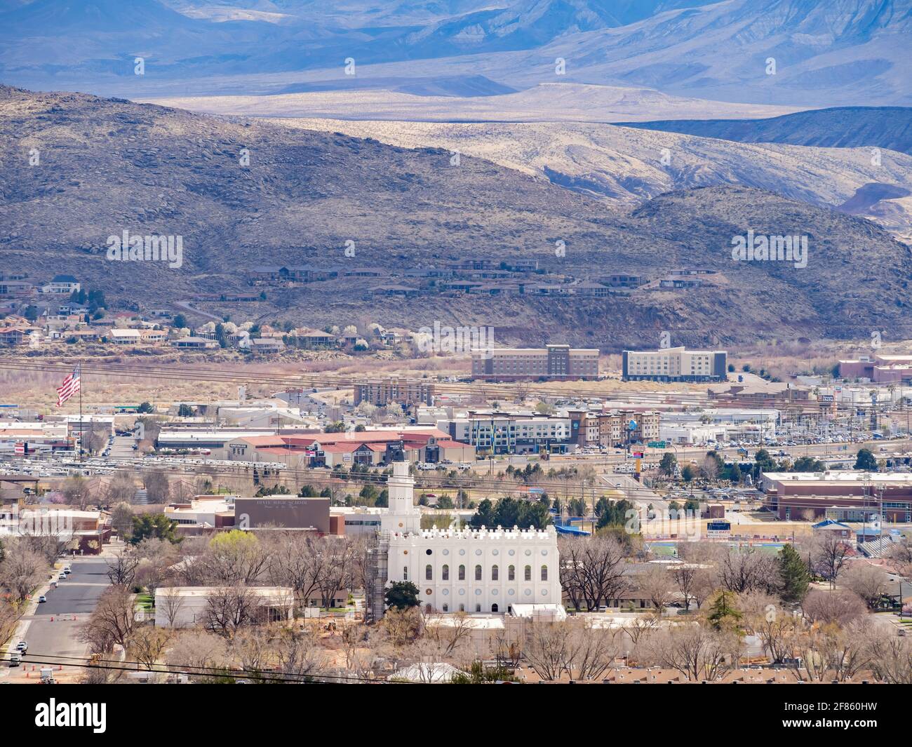 Aerial view of the cityscape of - Aerial View Of The Cityscape Of St George With The St George Utah Temple At Utah Usa 2F860HW