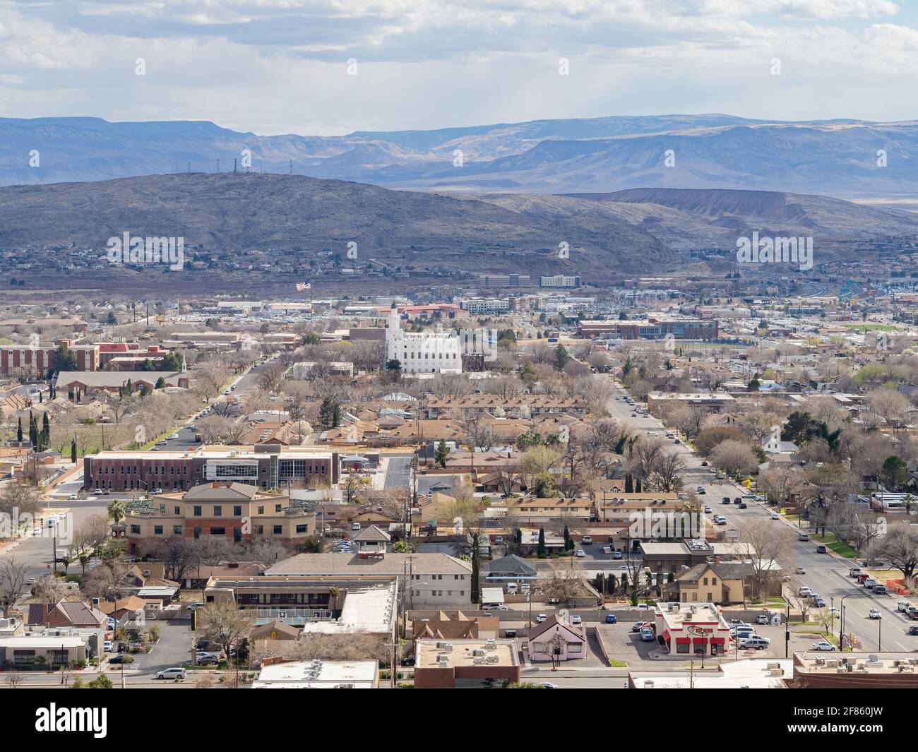 Aerial view of the cityscape of St George with the St. George Utah ...