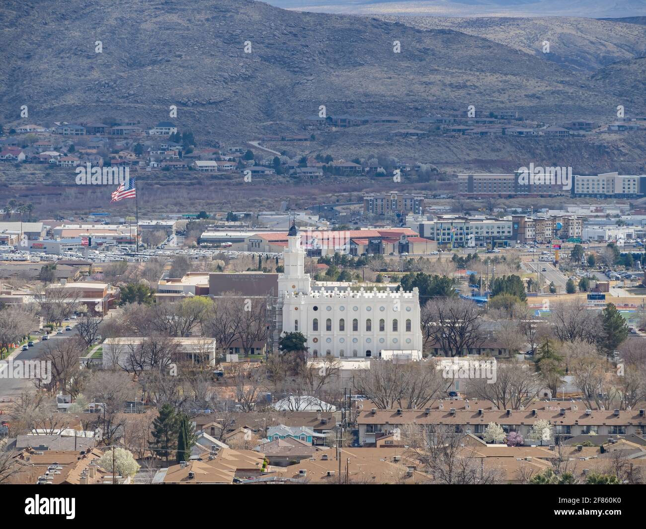Aerial view of the cityscape of St George with the St. George Utah ...