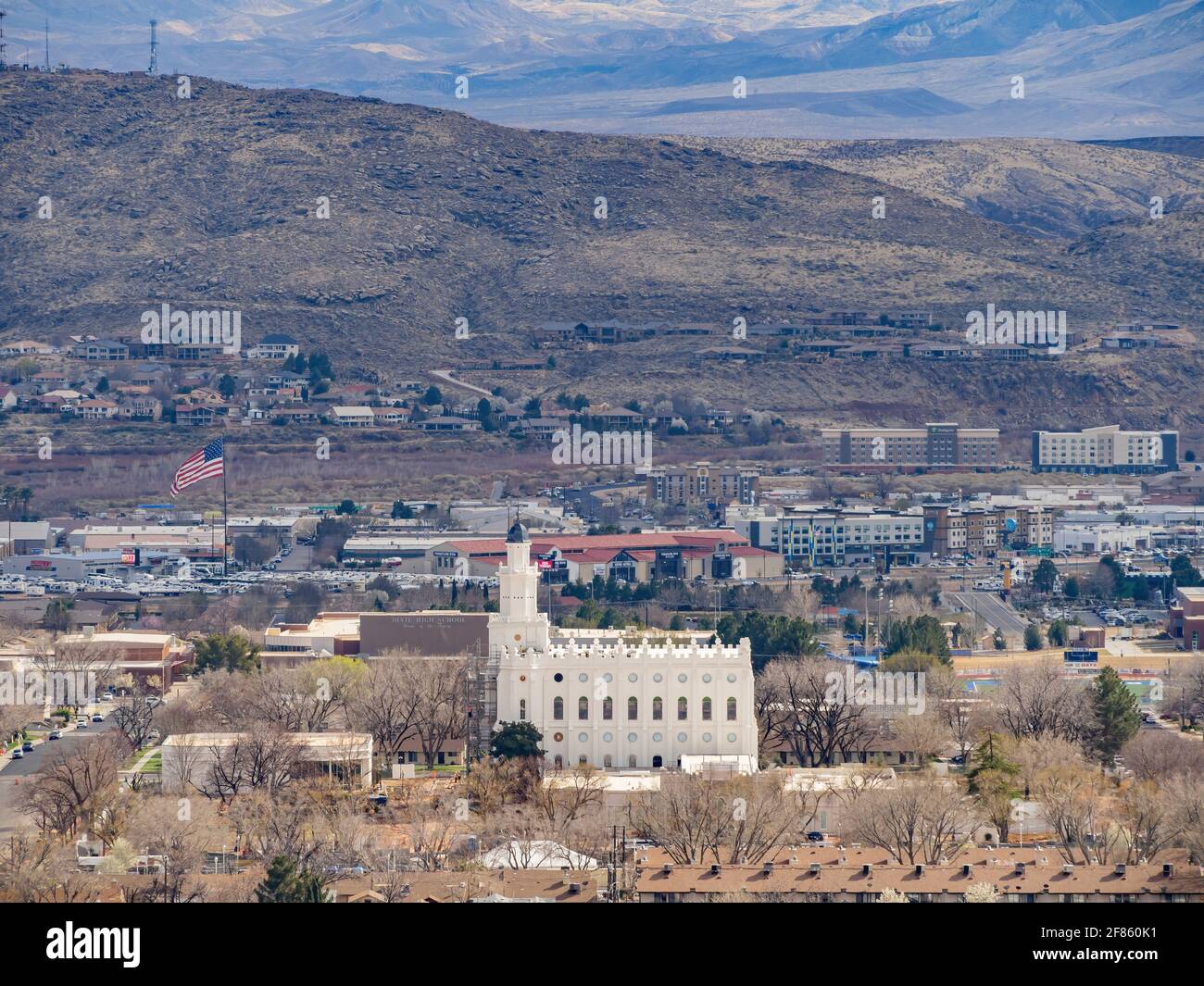 Aerial view of the cityscape of St George with the St. George Utah ...