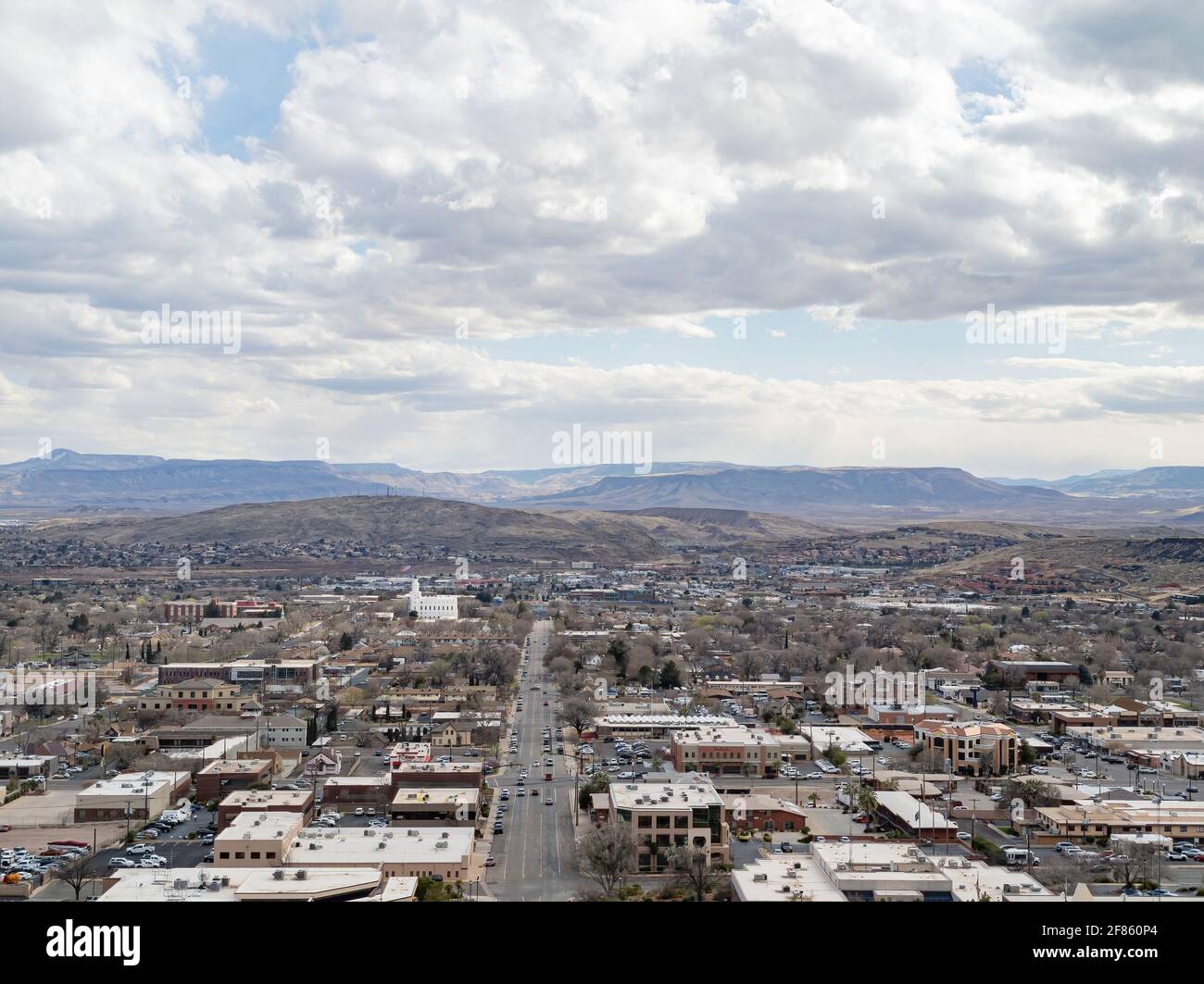 Aerial view of the cityscape of St George with the St. George Utah ...