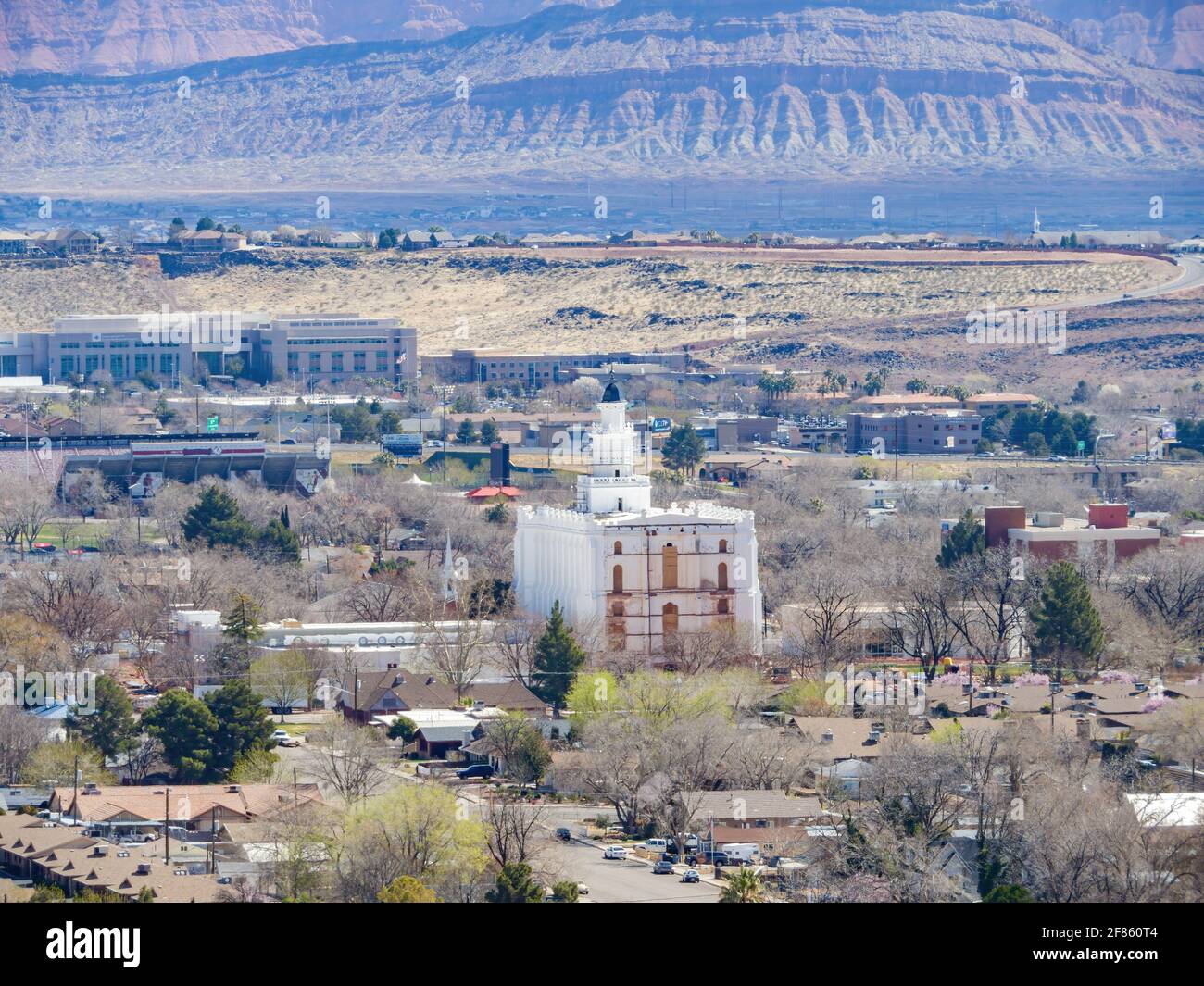 Aerial view of the cityscape of St George with the St. George Utah ...