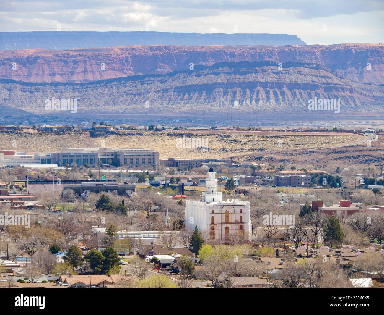 Aerial view of the cityscape of St George with the St. George Utah ...