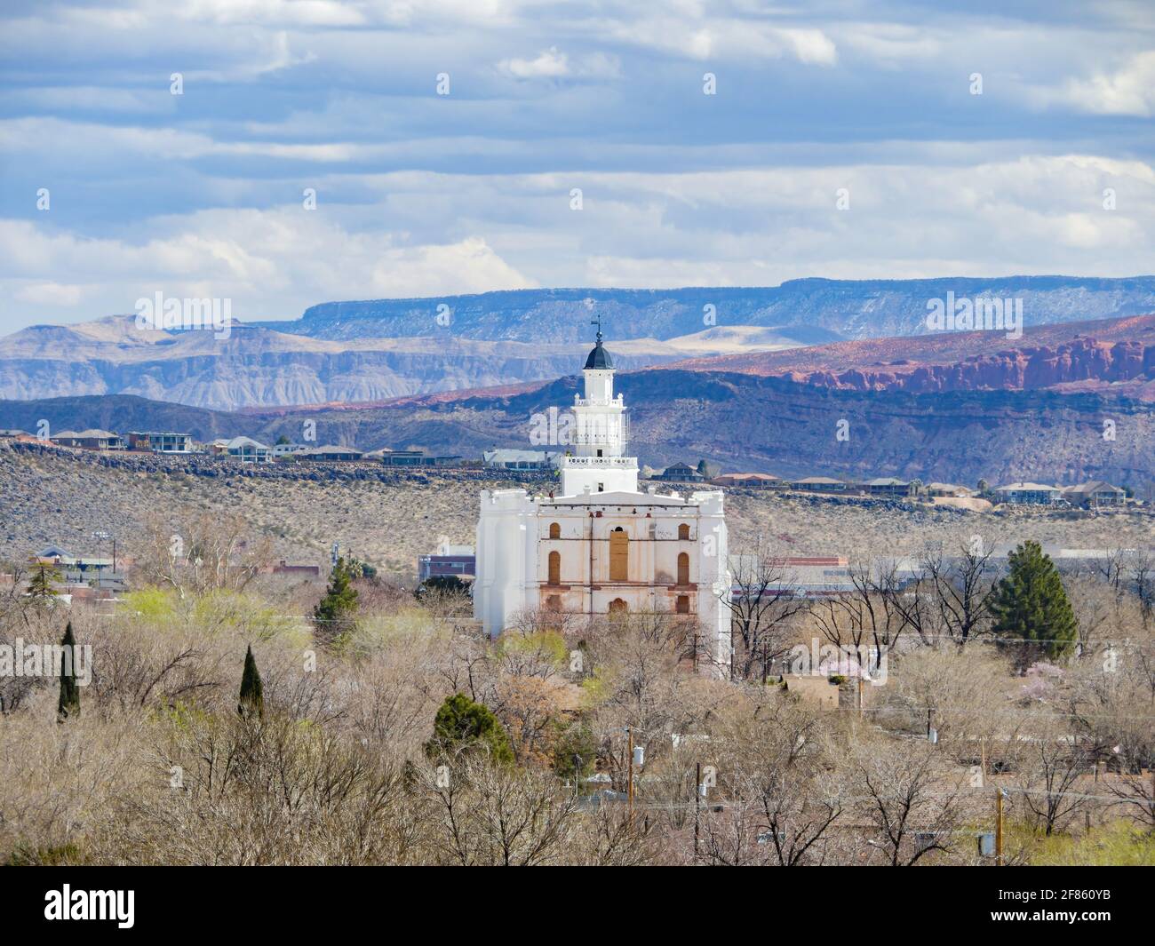 Aerial view of the cityscape of St George with the St. George Utah ...