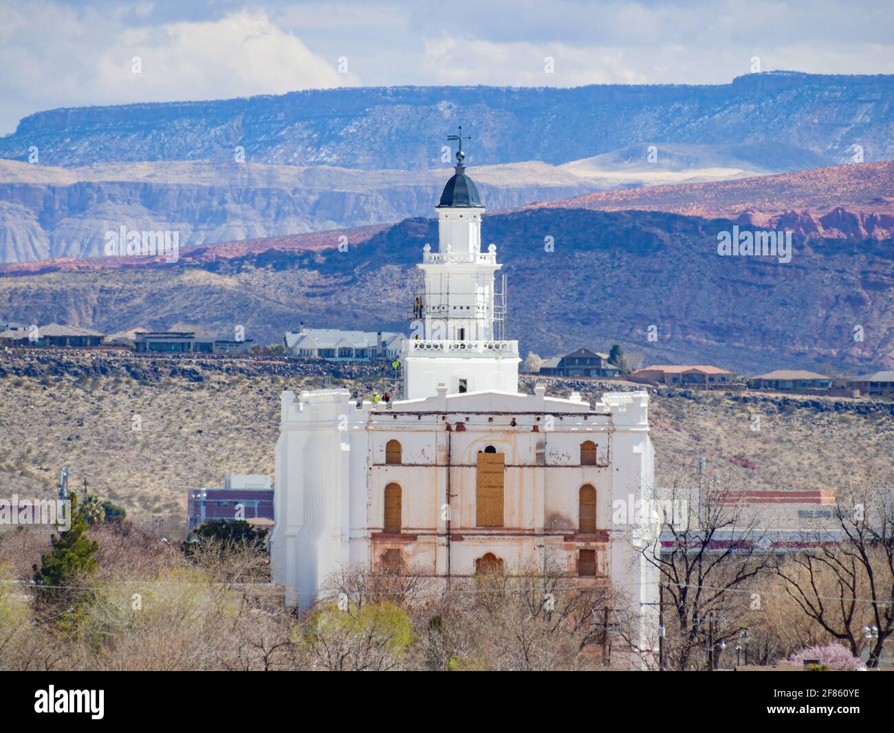 Aerial view of the cityscape of St George with the St. George Utah ...