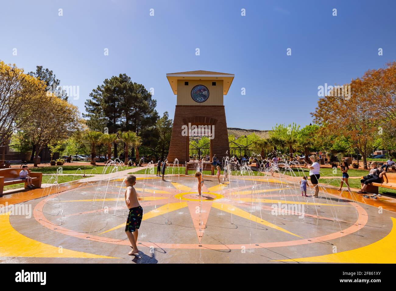 Utah, APR 10, 2021 - Many Children playing in the St George Splash Pad