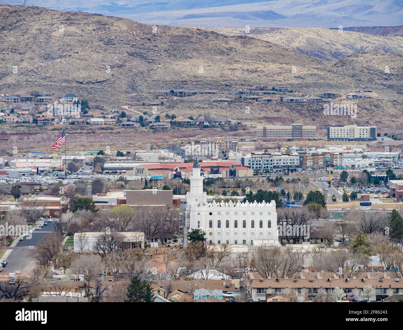 Utah, MAR 15, 2021 - Aerial view of the cityscape of St George with the ...
