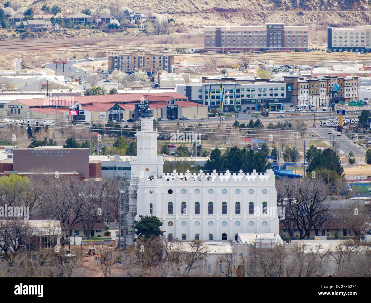 Utah, MAR 15, 2021 - Aerial view of the cityscape of St George with the ...