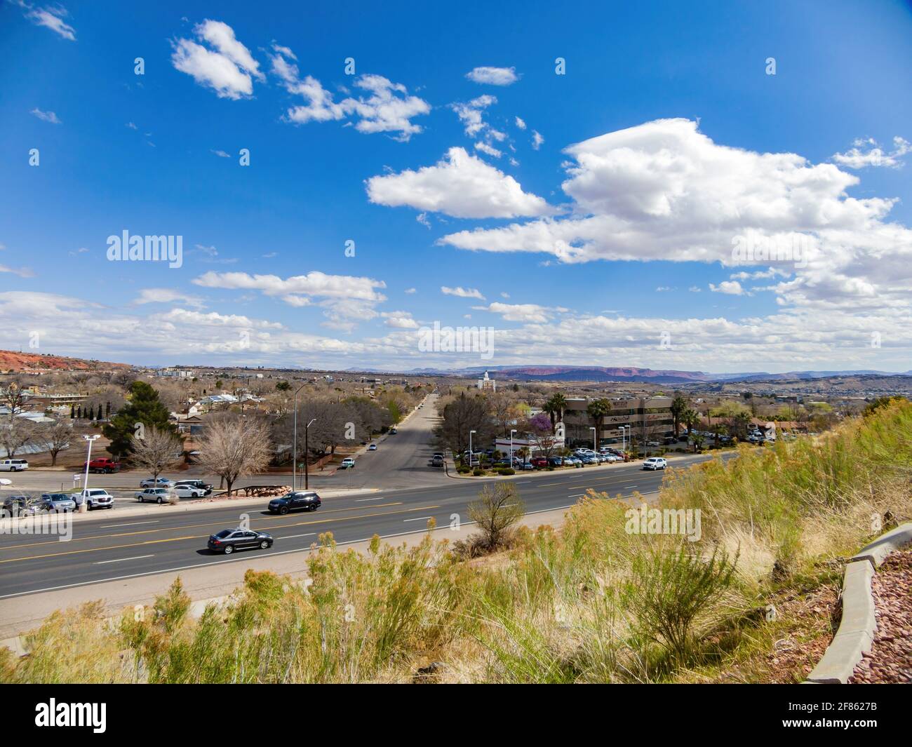 Utah, MAR 15, 2021 - Aerial view of the cityscape of St George with the ...