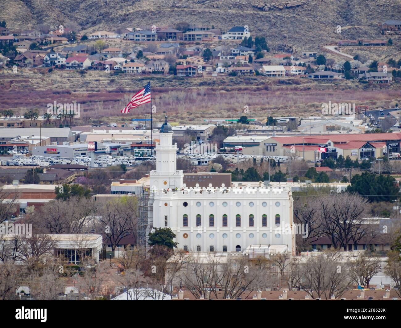 Utah, MAR 15, 2021 - Aerial view of the cityscape of St George with the ...
