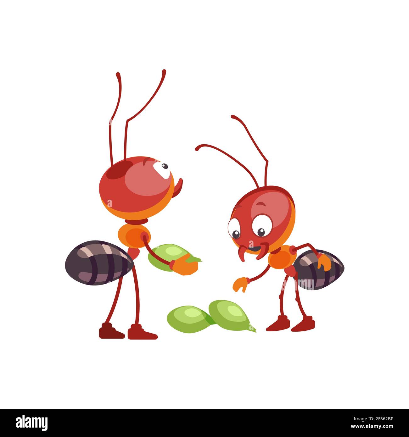 Cartoon Red ants work as a team. The concept of collaboration. Orange fire insect build a nest and collect food for the winter. Vector illustration Stock Vector