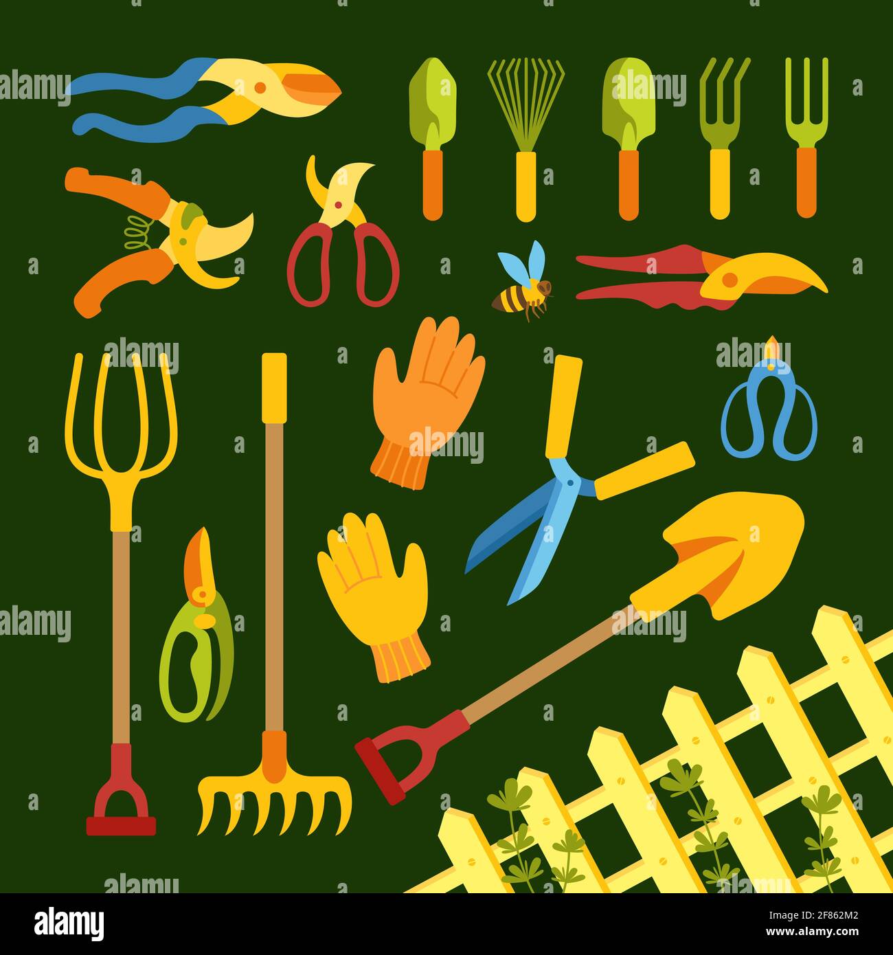 Gardening tools, shovel pitchfork and rake cartoon set. Equipment pruner,  scissors. Work tool for farming cultivating digging, fence garden. Hand  drawn farm landscaping collection vector illustration Stock Vector Image &  Art -