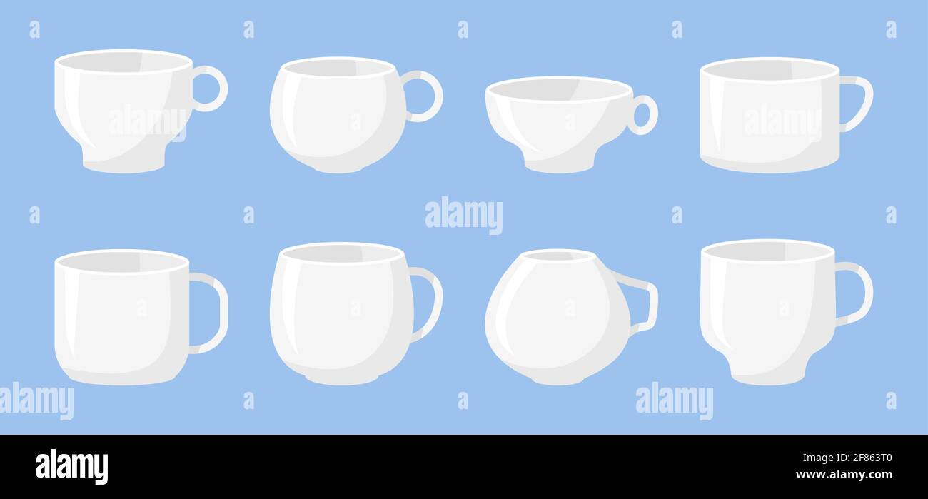 Classic white coffee cups mockup icon set. Different shape empty template  mugs for design logo for shop, tea house menu. Flat cartoon style with  space for labels. Isolated on white vector illustration