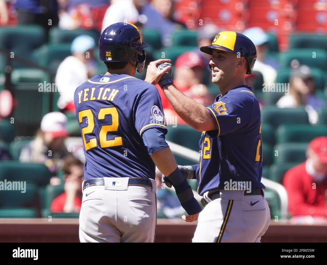 St. Louis, United States. 11th Apr, 2021. Milwaukee Brewers Manny Shaw (R) is congratulated at home plate by teammate Christian Yelich, after hitting a three run home run in the second inning against the St. Louis Cardinals at Busch Stadium in St. Louis on Sunday, April 11. 2021. Photo by Bill Greenblatt/UPI Credit: UPI/Alamy Live News Stock Photo