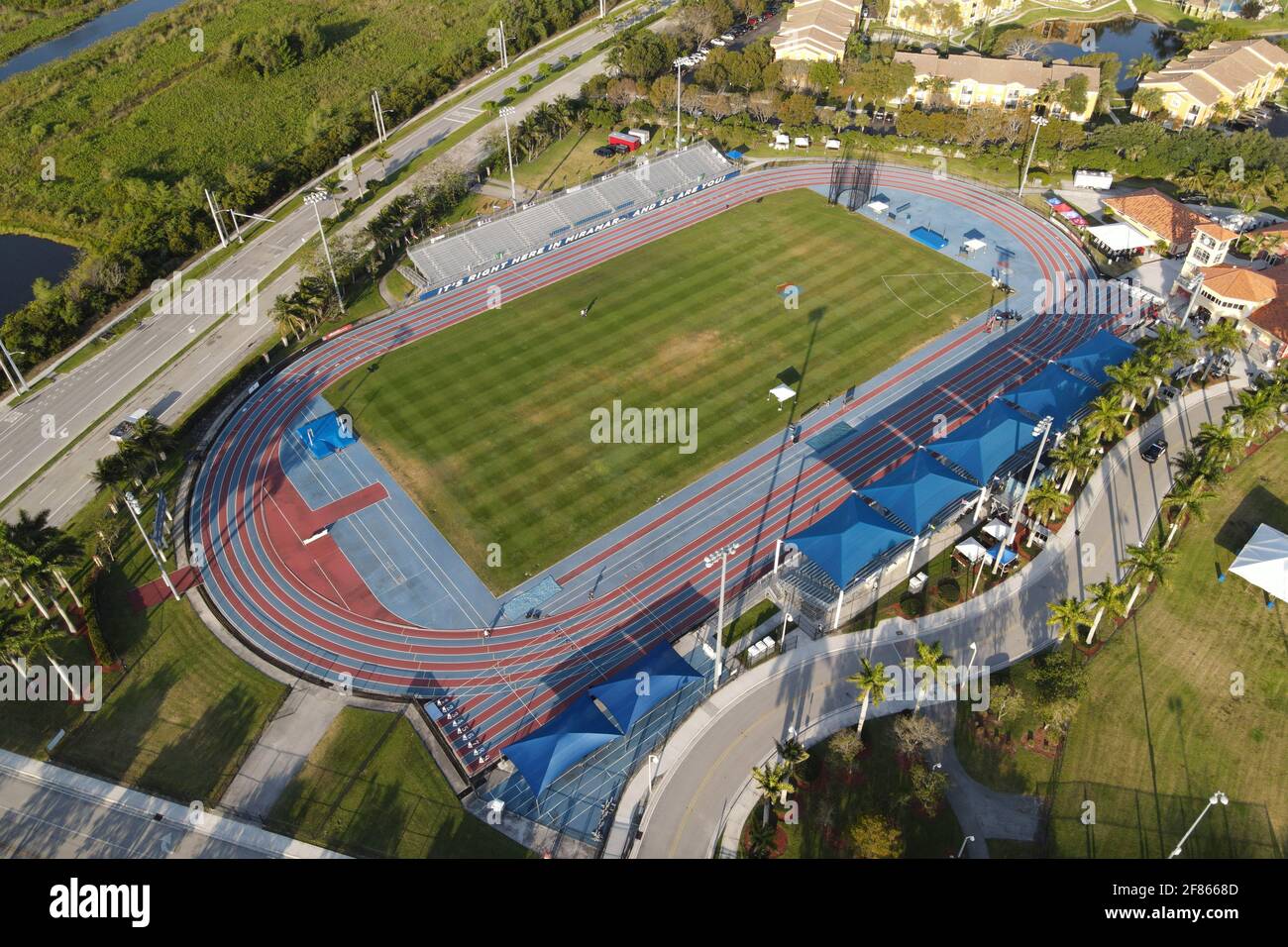An aerial view of the track and field stadium at the Ansin Sports