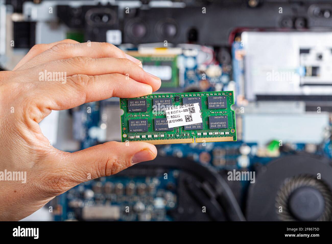 Close up isolated image showing an it technician or a consumer holding ram card in hand with an open laptop interior seen in the background. Concept i Stock Photo