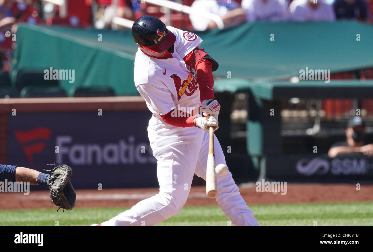 St. Louis Cardinals Paul Goldschmidt connects on a ball only to foul out to deep right field, in the seventh inning against the Milwaukee Brewers at Busch Stadium in St. Louis on Sunday, April 11. 2021. Photo by Bill Greenblatt/UPI Stock Photo