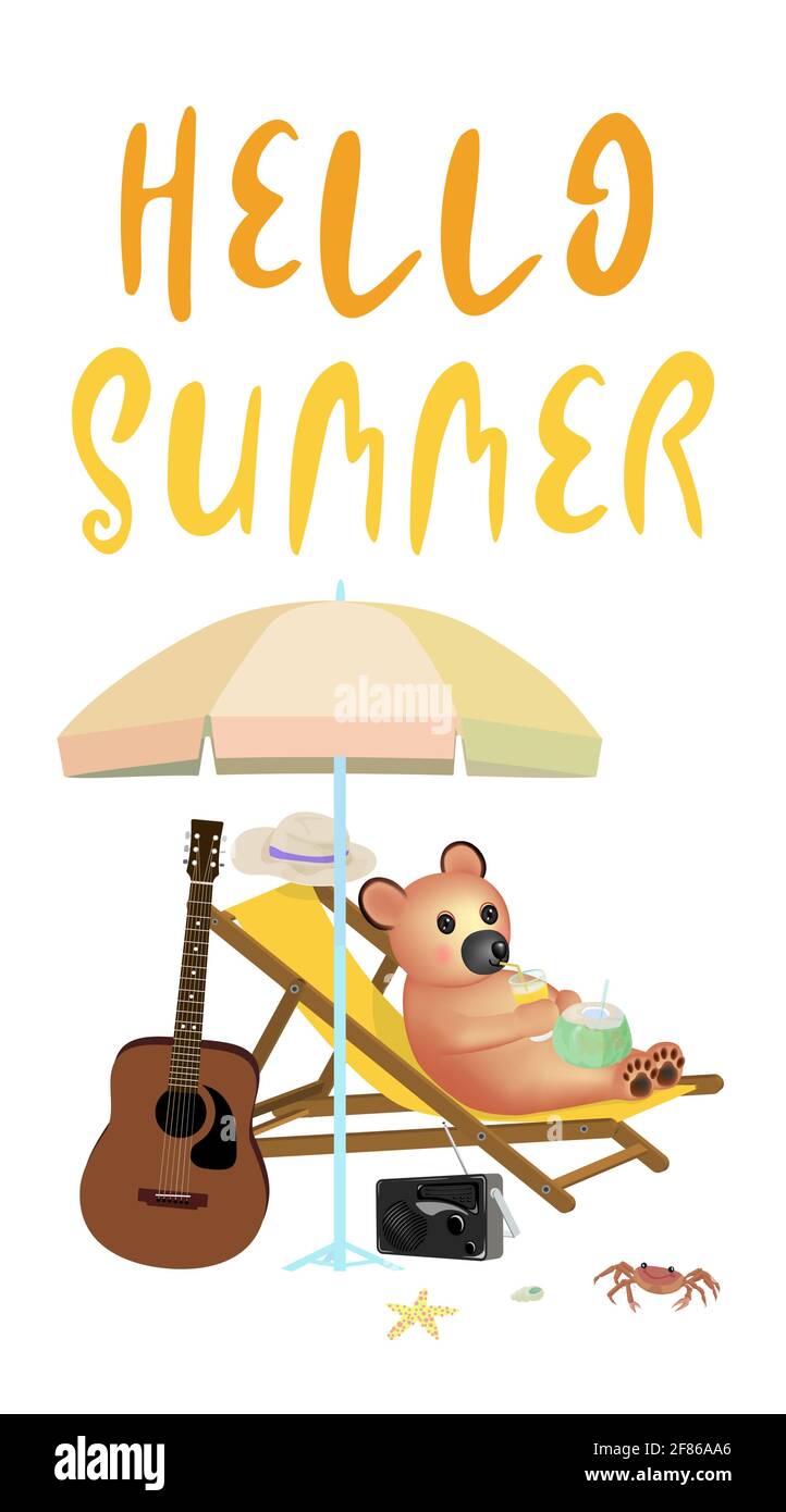 Bear drinking orange juice while lying on a beach chair with acoustic guitar, radio, coconut under an umbrella, Hello summer concept, vector illustrat Stock Vector