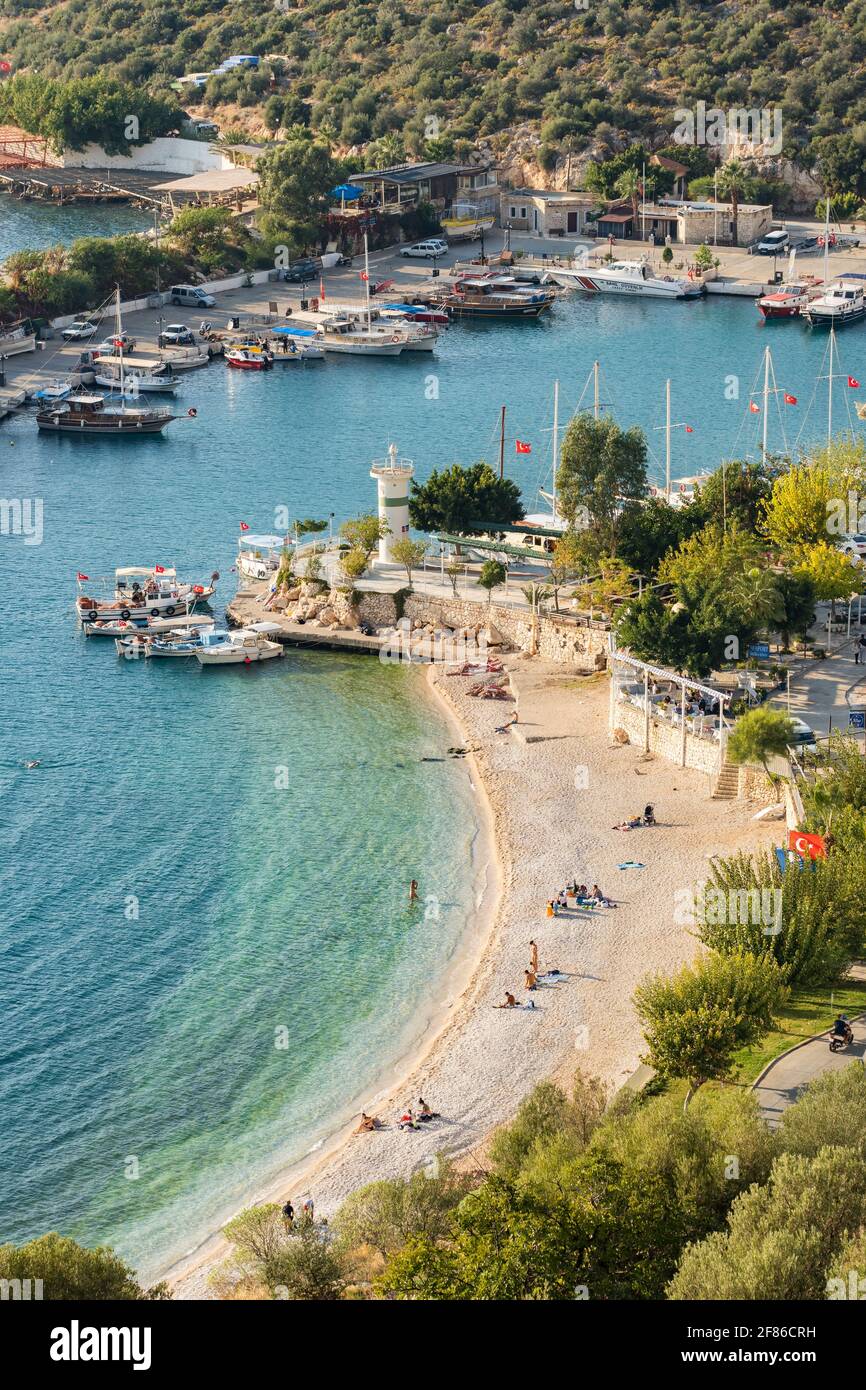 Small beach and harbor in Kankan resort town in Antalya region, Turkey Stock Photo