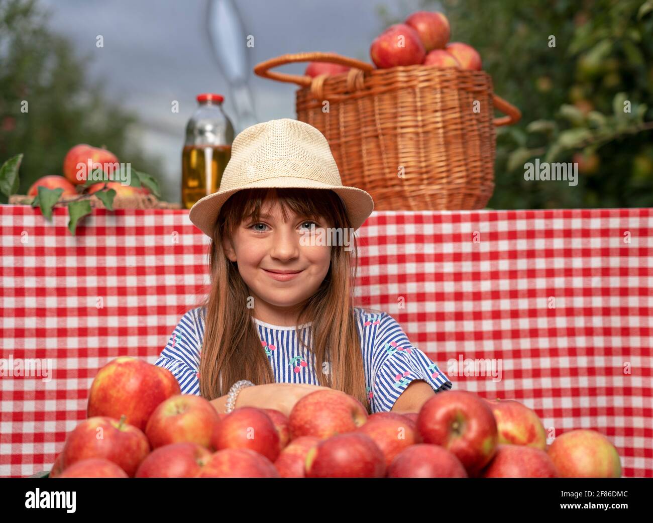 Portrait Of Smiling Little Girl With Beautiful Eyes in an Orchard. Healthy Food Concept. Cute Girl and Autumn Arrangement with Apples and Apple Juice. Stock Photo