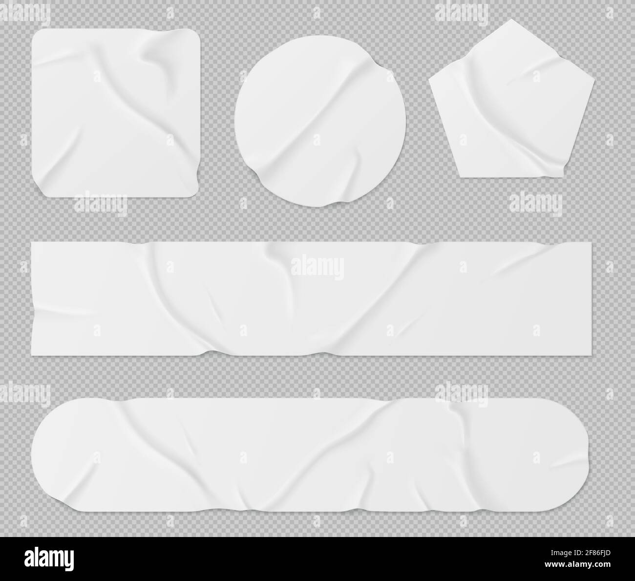 White paper stickers, adhesive patches and tapes. Blank crumpled labels