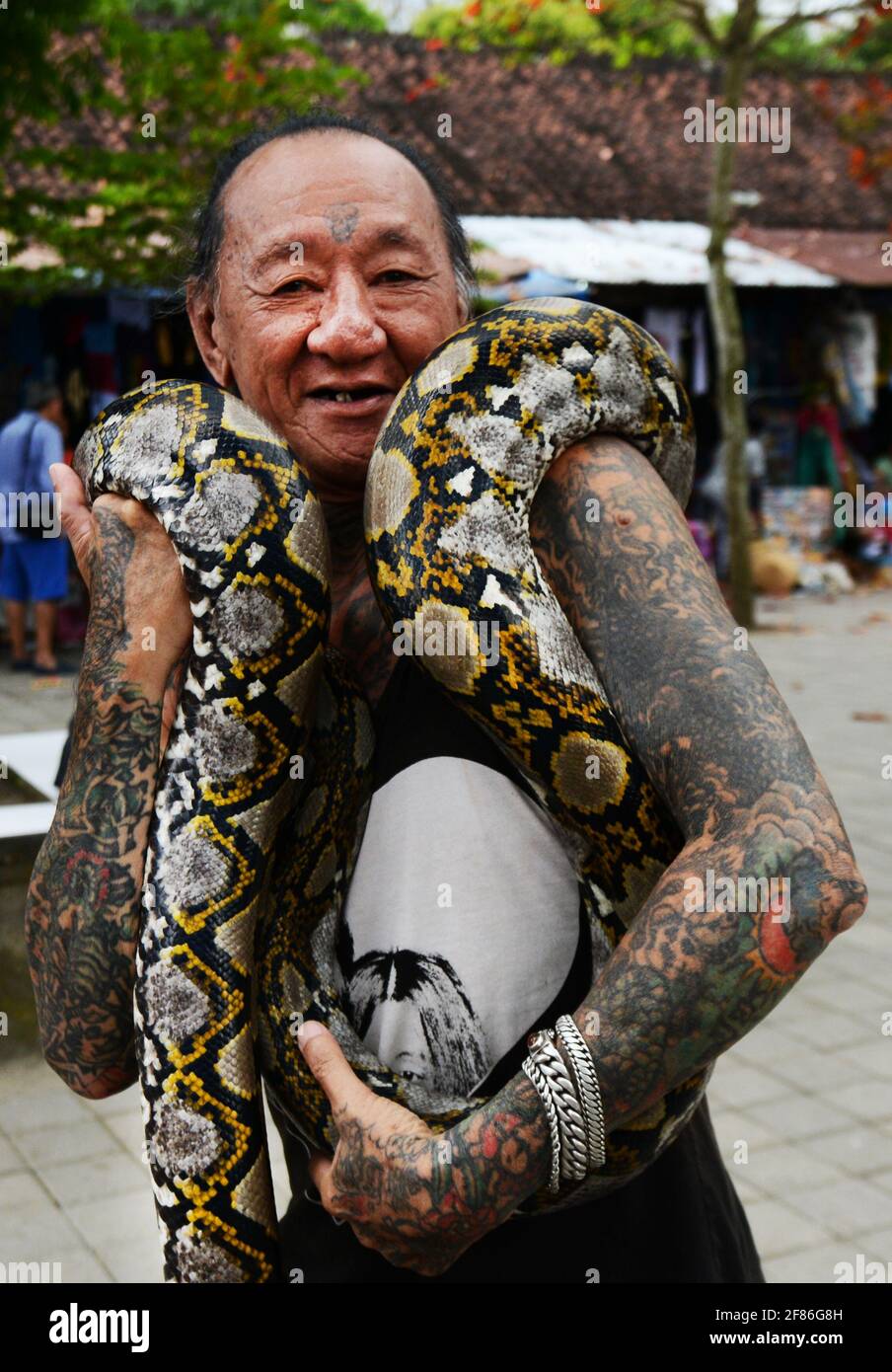 A tattooed Balinese man with his python wrapped around his body Stock ...