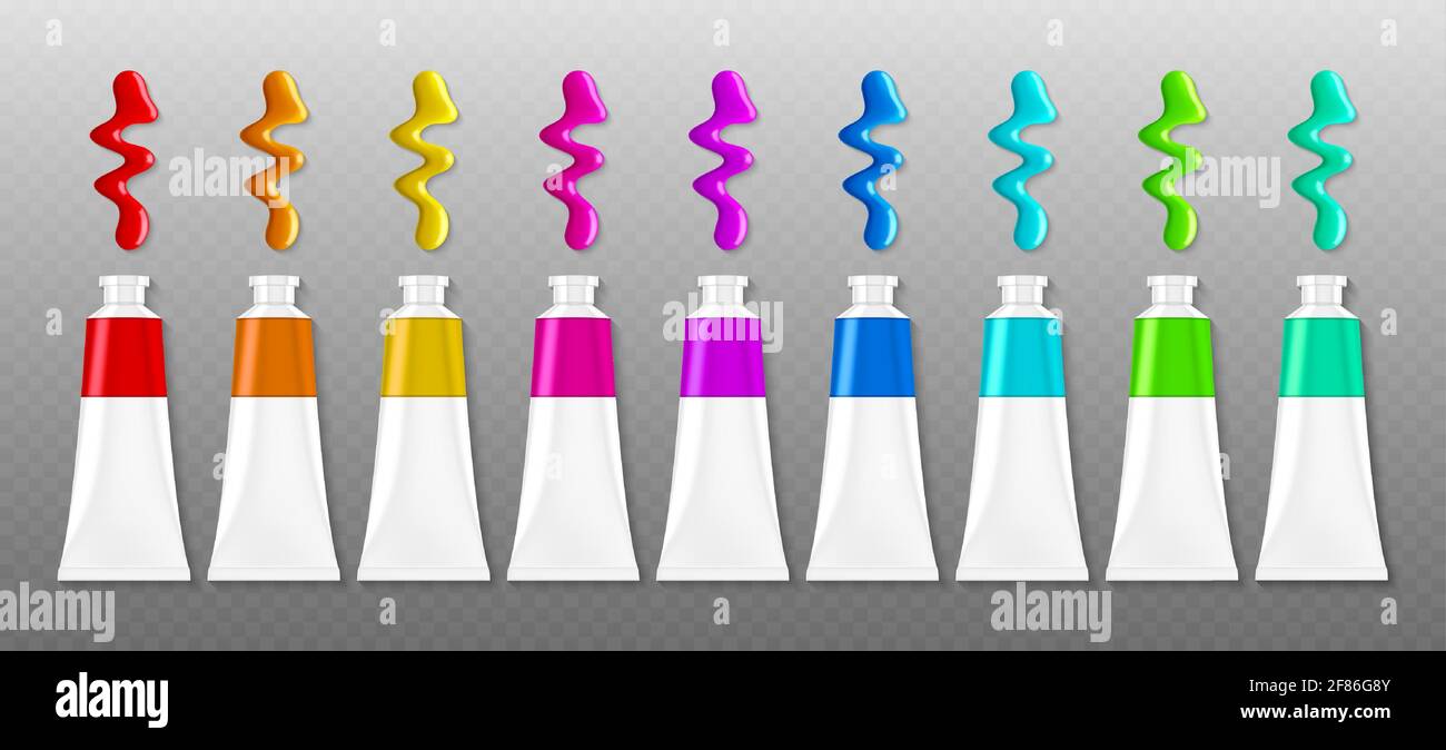 Set of paints tubes with blots top view, colorful palette with oil or acrylic dye in metal aluminium bottles with white screw caps isolated on transparent background, Realistic 3d vector illustration Stock Vector