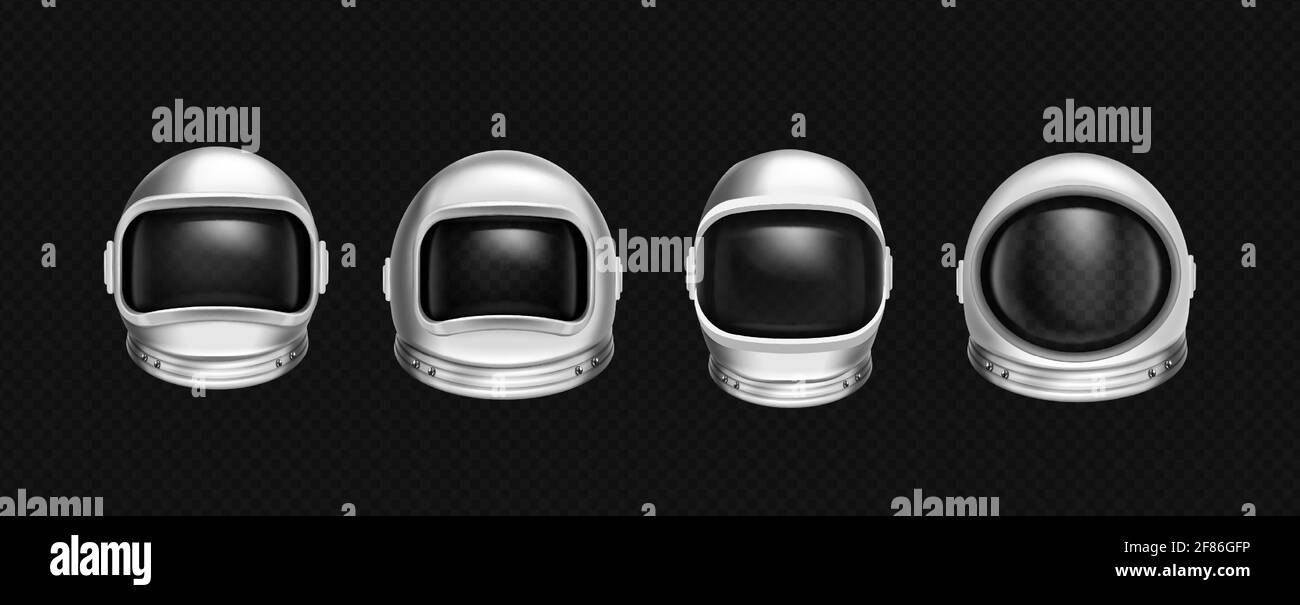 Astronaut helmets, cosmonaut mask with clear glass for space exploration and flight in cosmos. Vector realistic set of white suit part for protection spaceman head isolated on transparent background Stock Vector