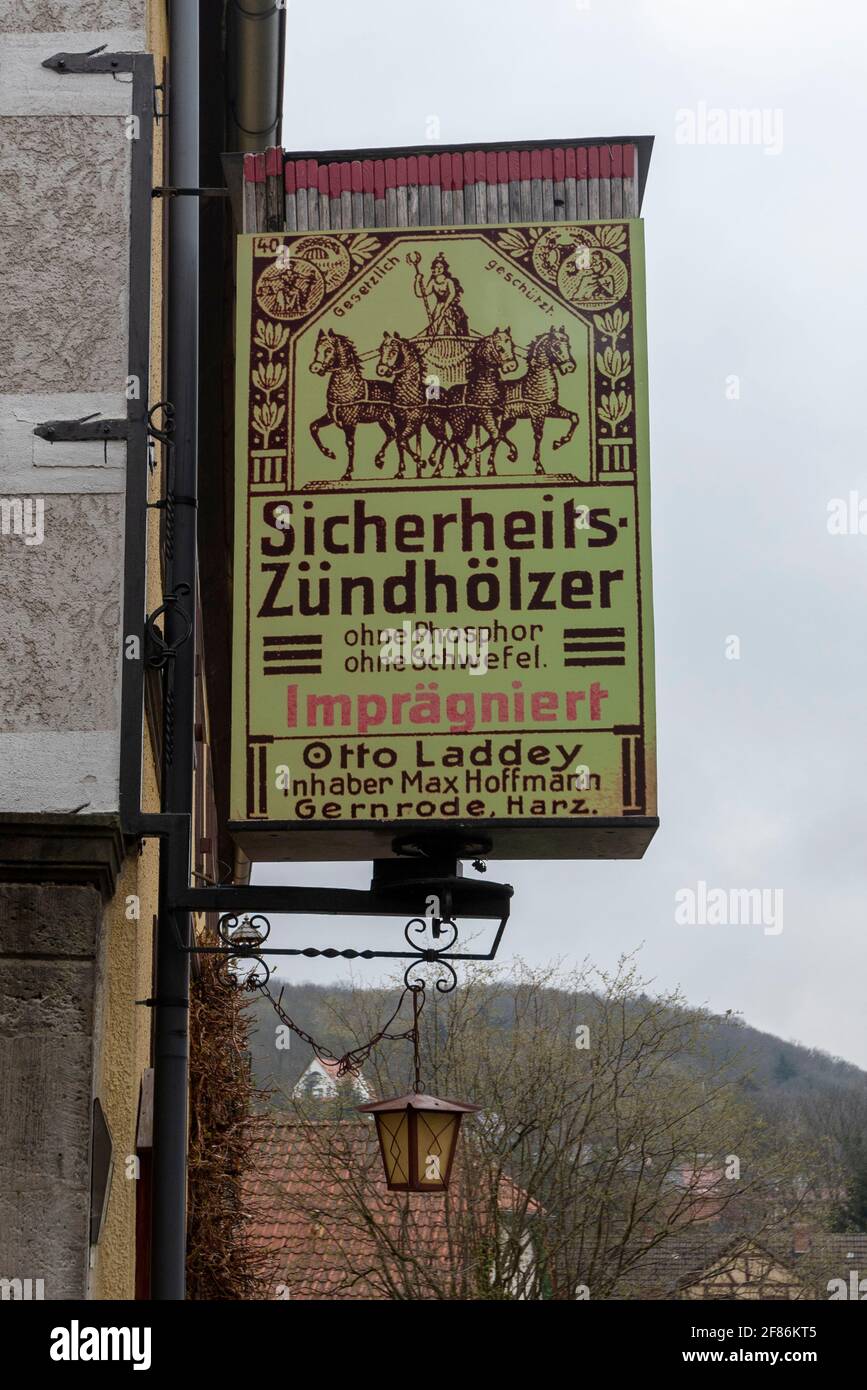 Germany, Saxony-Anhalt, Gernrode, advertising board for 'safety woods'. The town of Gernrode in the Harz Mountains was a centre of the matchstick indu Stock Photo