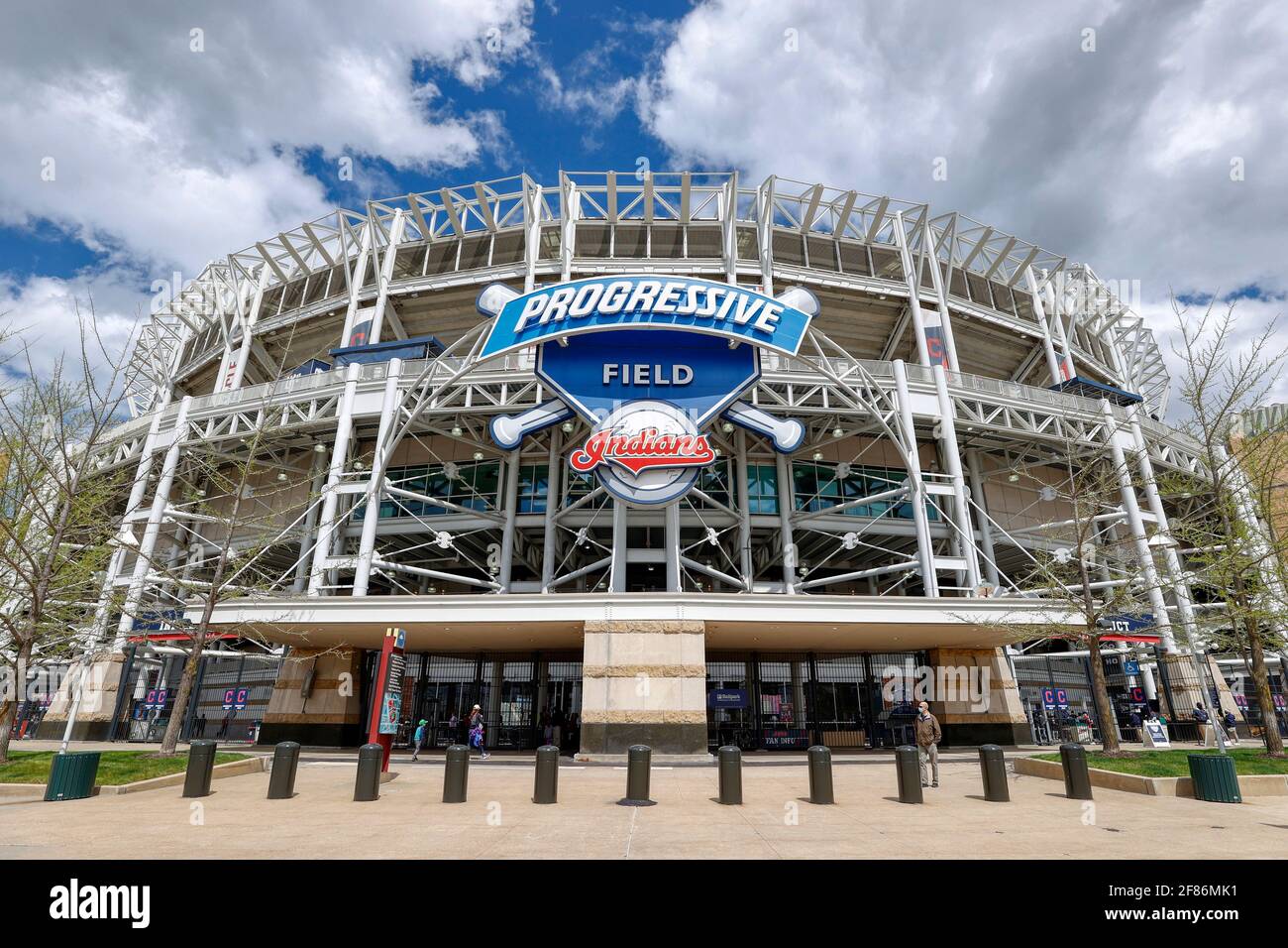 CLEVELAND, OH - APRIL 11: General exterior view of the ballpark entrance prior to a game between the Detroit Tigers and Cleveland Indians at Progressi Stock Photo