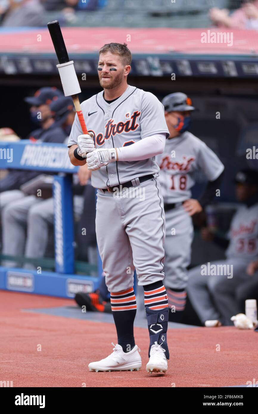 CLEVELAND, OH - APRIL 11: Robbie Grossman (8) of the Detroit Tigers looks on before batting during a game against the Cleveland Indians at Progressive Stock Photo