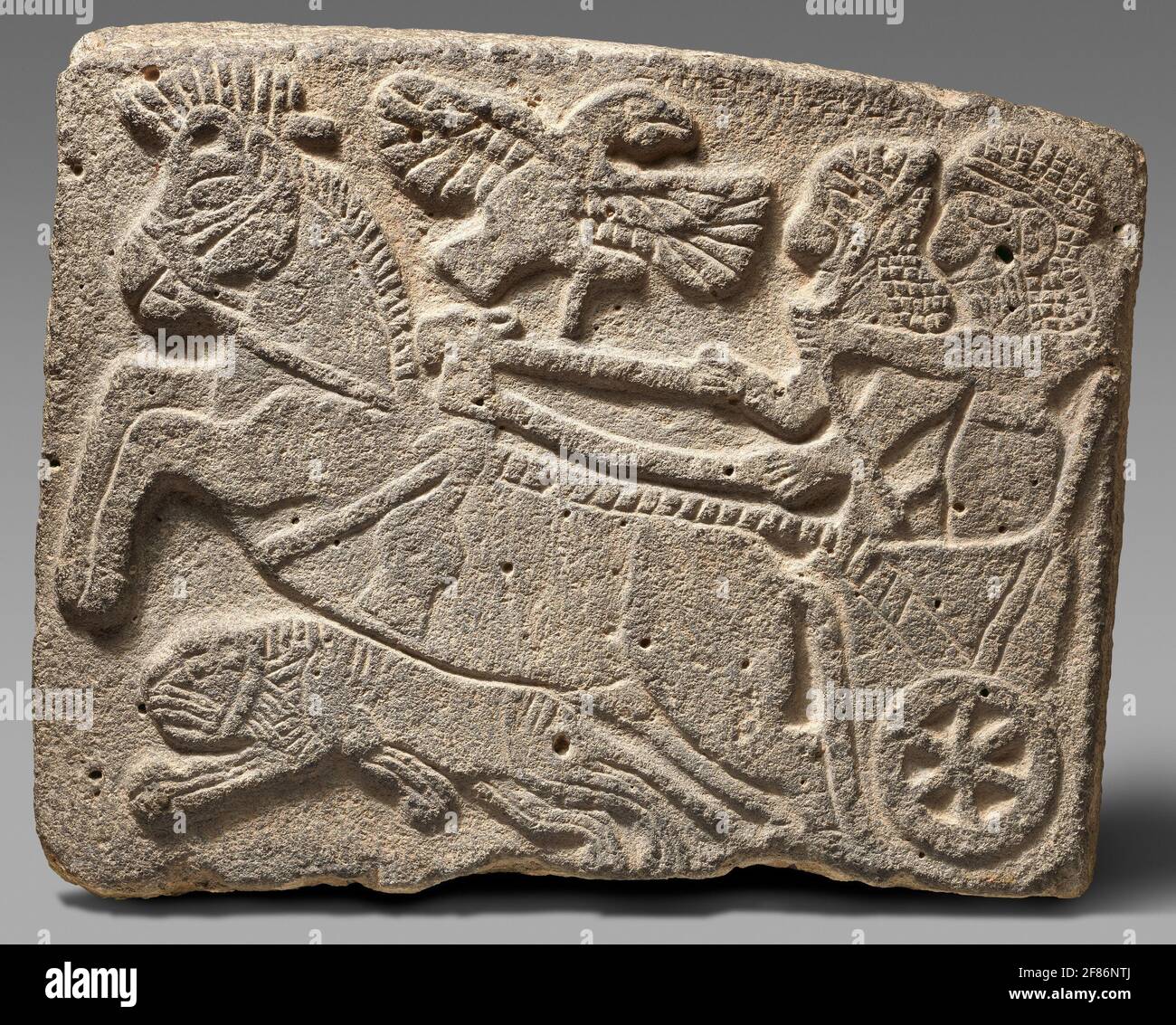 6173. Neo-Hittite basalt relief depicting lion hunt. C. 9th. C. BC. Tel Halaf, Syria Stock Photo
