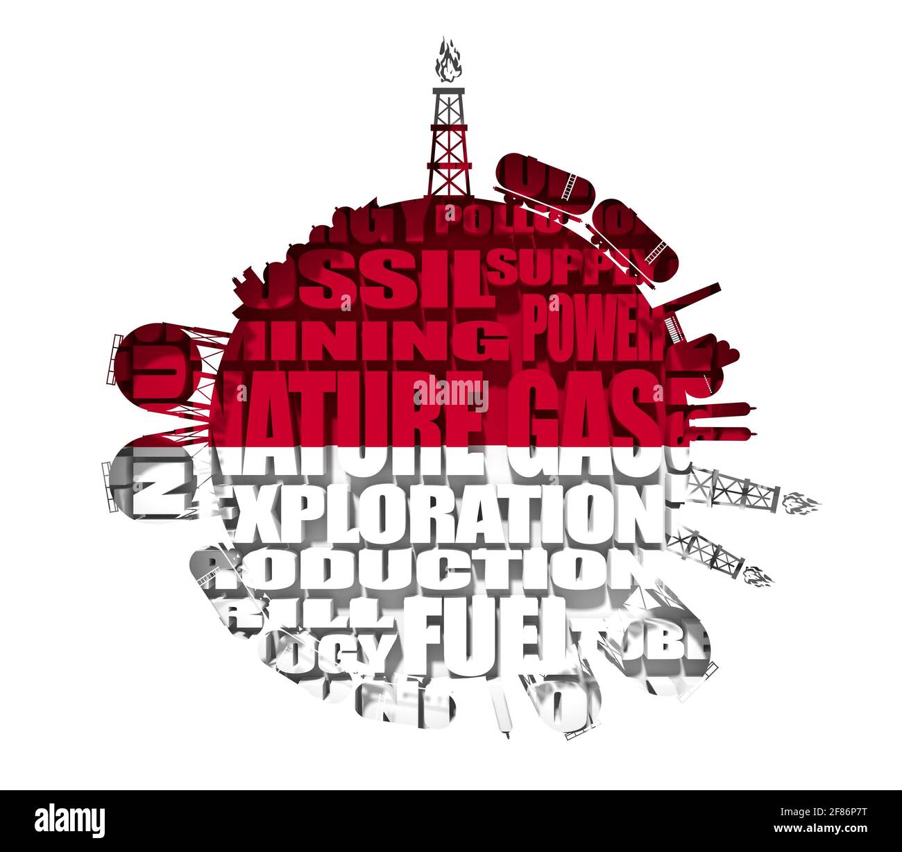 Circle with energy relative silhouettes. Tags cloud of natural gas industry. Objects located around the circle. Flag of the Indonesia. 3D rendering Stock Photo